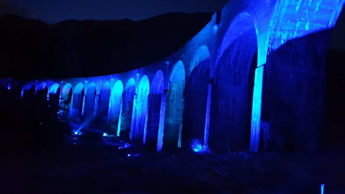 2 April Glenfinnan Viaduct: The viaduct was also lit up blue in support of NHS and key workers during lockdown.