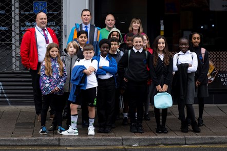 Deputy Minister for Climate Change with responsibility for Transport, Lee Waters with children and teachers from Albany Primary School, Roath, Cardiff
