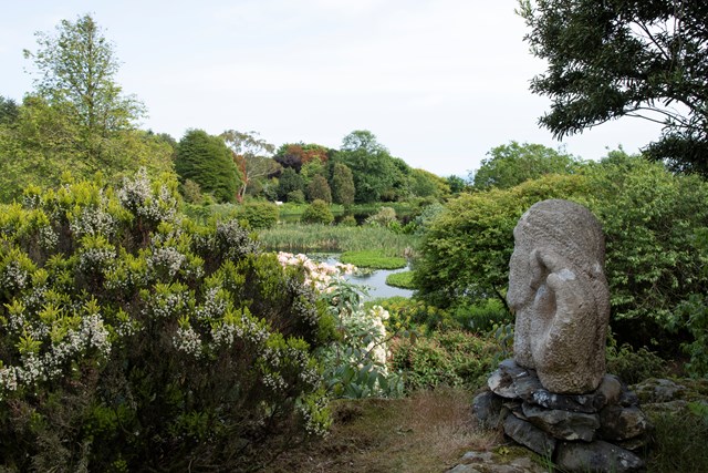 HES - Glenwhan Gardens, view looking east across the Lily Pond from Hideout Rock with The Listener sculpture