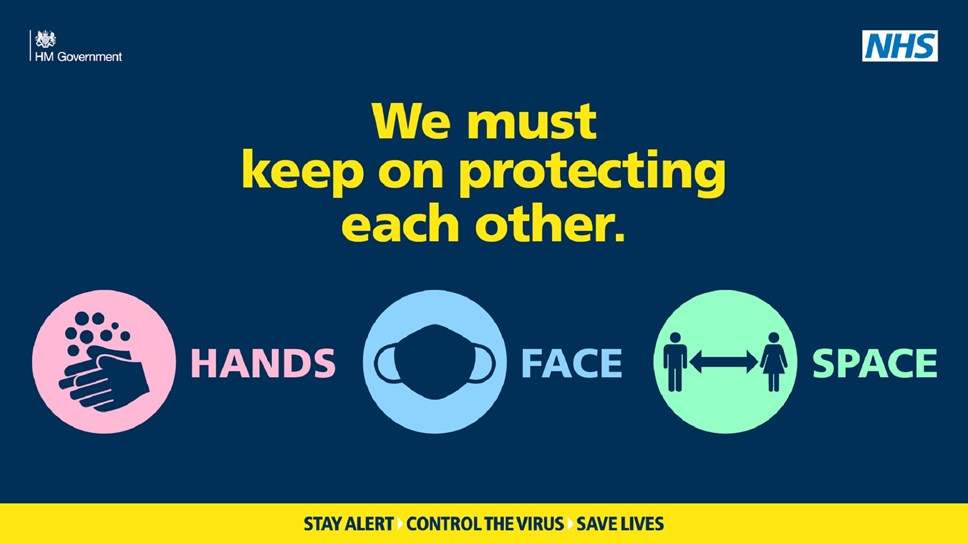 NHS graphic with message "We must keep on protecting each other - Hands - Face - Space"