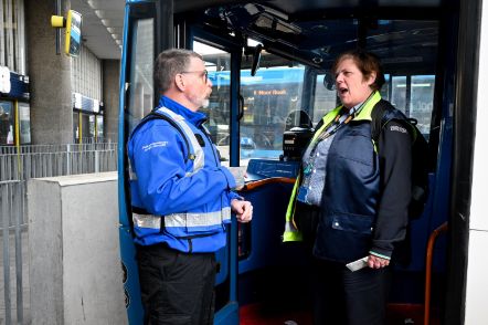 Senior Public Transport Safety Officer Duncan Whitehead speaking to Stagecoach bus driver Susan Danson  at Preston Bus Station