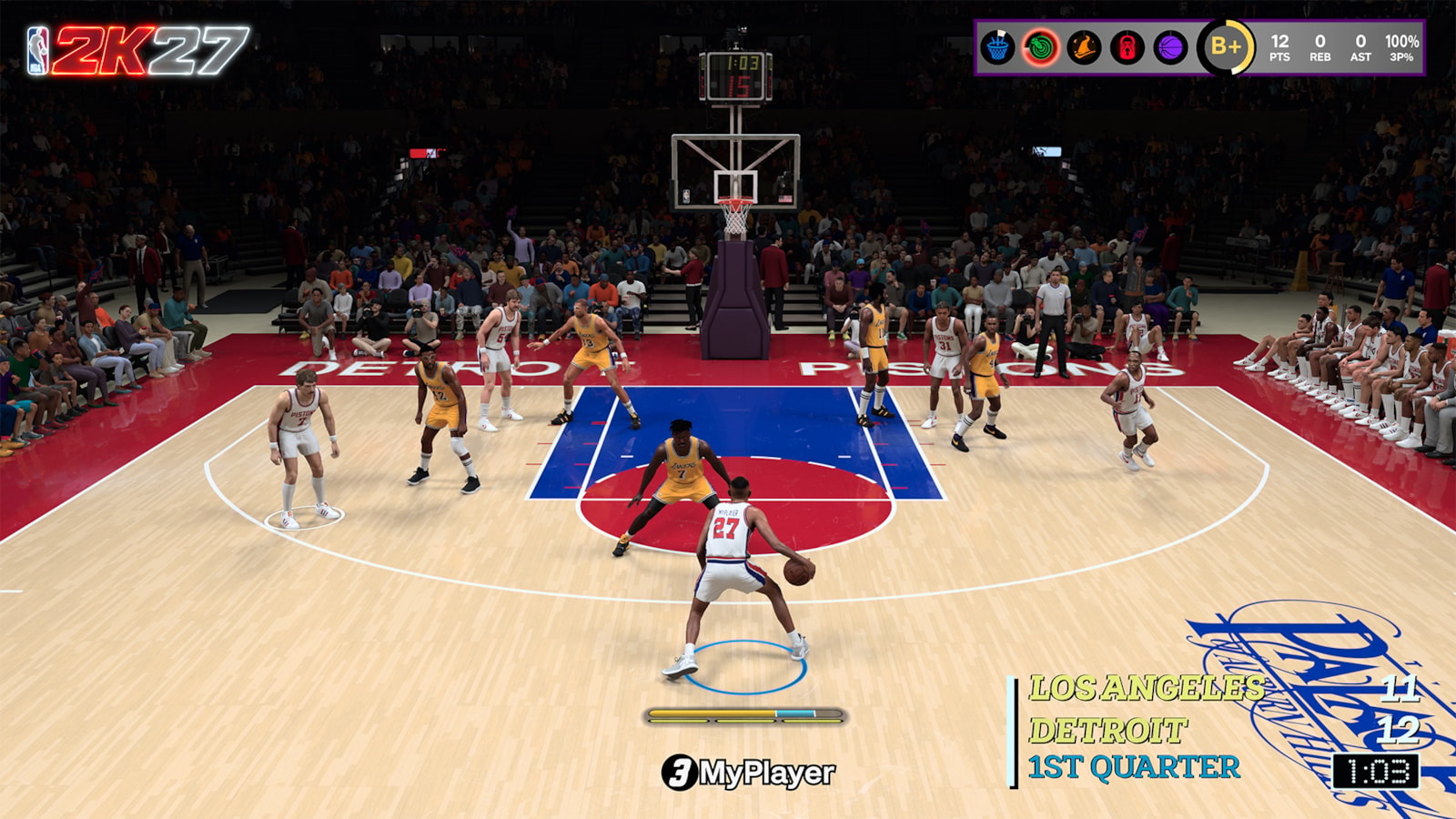 NBA 2K27 MyPlayer HUD showing the five Takeover discipline icons and an overall B-plus grade in the top corner