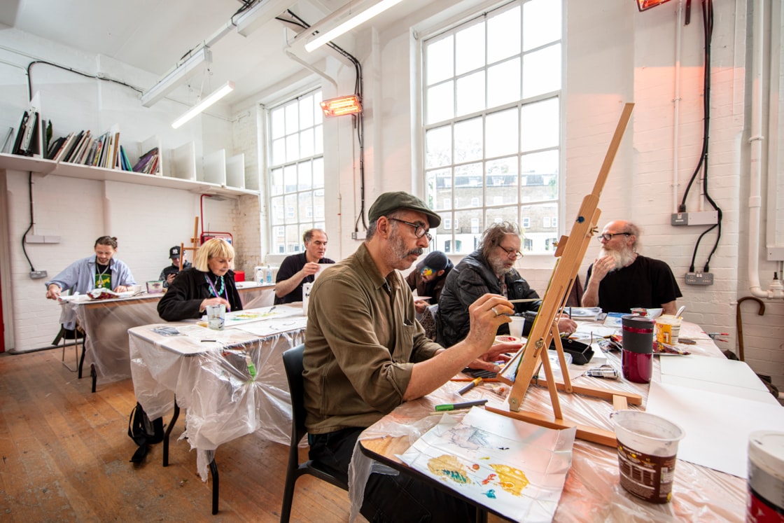 Drummond Street Artists and the Neighbourhood Makeshop 3 - A Meanwhile Use Project on the HS2 Euston site: Drummond Street Artists at a two-hour workshop for local artists affected by homelessness held at the Maria Fidelis Annex which is now run by ODAC as part of their Neighbourhood Workshop project. 
The site has been temporarily repurposed for the local community whilst work on HS2 in Euston is paused.