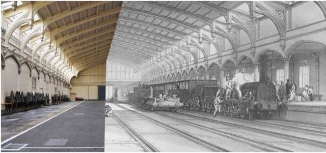 Bristol Temple Meads Passenger Shed split between current and past: Bristol Temple Meads Passenger Shed split between current and past