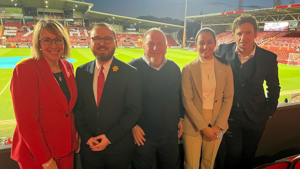 L-R Helen Antoniazzi, FAW, Jack Sargeant MS, Mike Jones President FAW, Saffron Rennison, FAW, Noel Mooney CEO, FAW