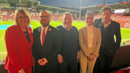 L-R Helen Antoniazzi, FAW, Jack Sargeant MS, Mike Jones President FAW, Saffron Rennison, FAW, Noel Mooney CEO, FAW