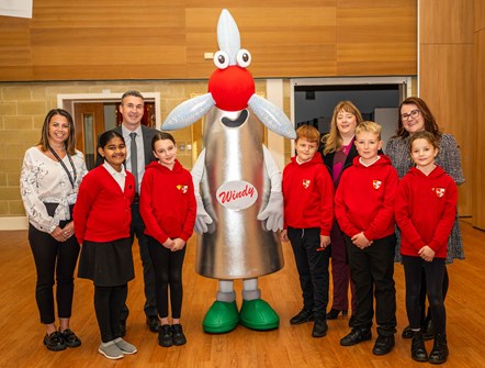 Cllr Barton and Cllr Cowan with Windy, Vicky McWilliam, Miss McNulty and the Eco Committee