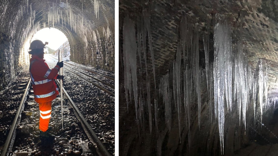 Winter is staying : travel warning as icicles cleared from railway tunnels: Icicles in Blea Moor tunnel composite