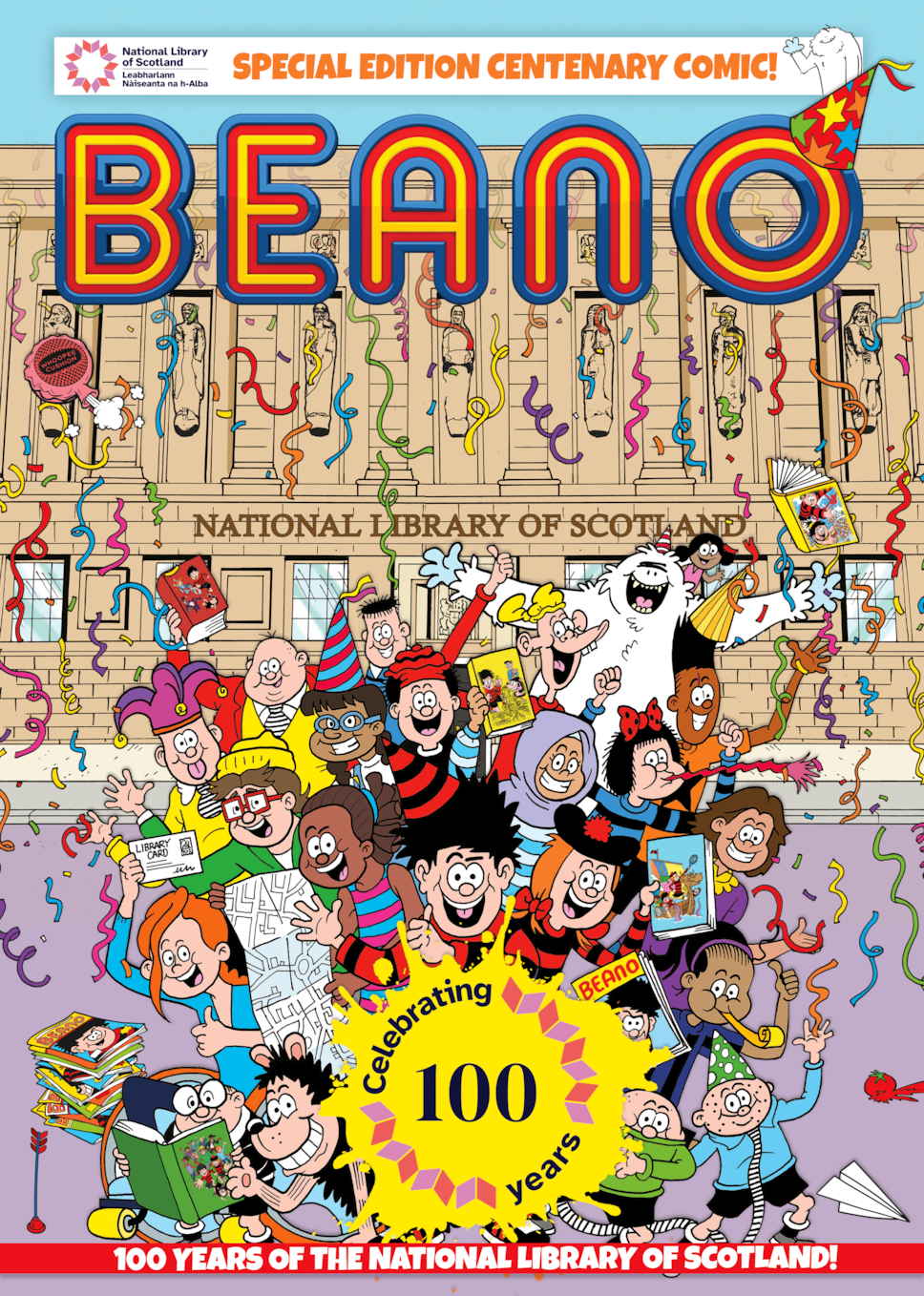 Comic style. Kids and a few other creatures (like a yeti) say hello from outside the National Library of Scotland building. Beano is the title. A logo saying 'celebrating 100 years' at the bottom. At the footer: 100 years of the National Library of Scotland!