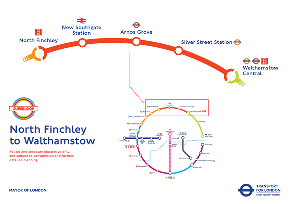 TfL invites people to have their say on proposals for the next new section of the Superloop, connecting North Finchley and Walthamstow: TfL Image - Superloop - North Finchley to Walthamstow-2