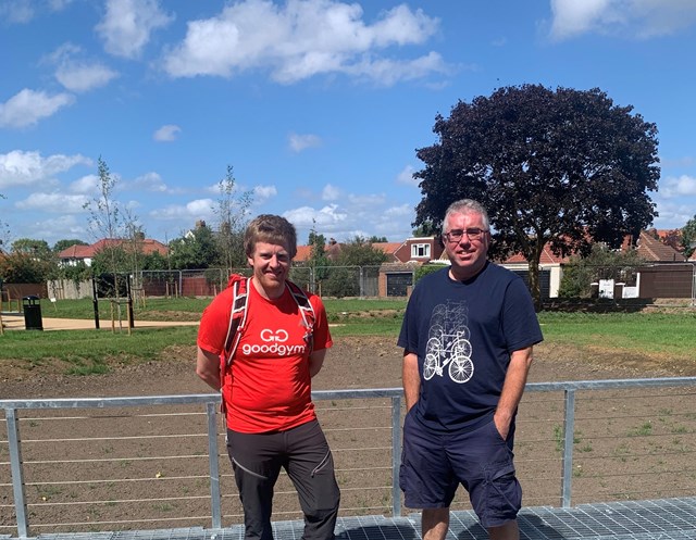 Cllr Craske at the new Old Farm Park playground and wildlife habitat with Gordon Davis