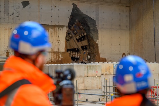 HS2 Tunnel Boring Machine Mary Ann cutterhead beginning to come through headwall completing first tunnel breakthrough in Birmingham: HS2 Tunnel Boring Machine Mary Ann cutterhead beginning to come through headwall completing first tunnel breakthrough in Birmingham