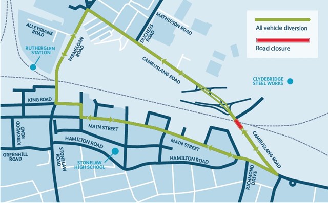 Cambuslang Road, Rutherglen railway bridge refurbishment diiversion route: The A724 Cambuslang Road, Rutherglen will close for 14 weeks from 20th Feb for essential bridge refurbishment.  Sign posted diversion route will be in operation