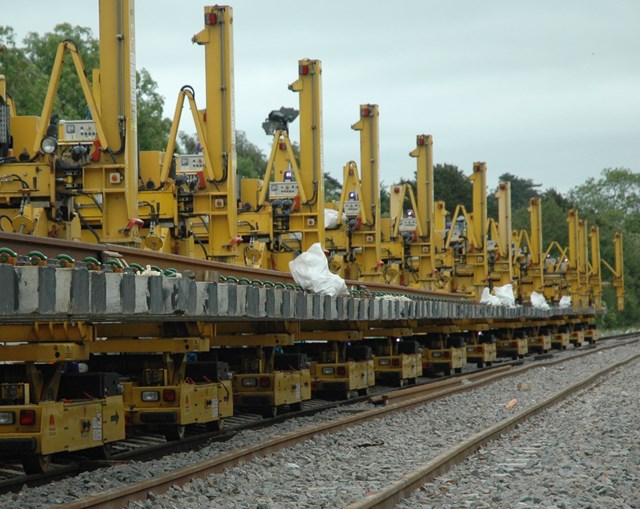 Engineering train installing new sleepers: First phase of North Cotswold work completed between Charlbury and Ascott-under-Wychwood on 6 June 2011