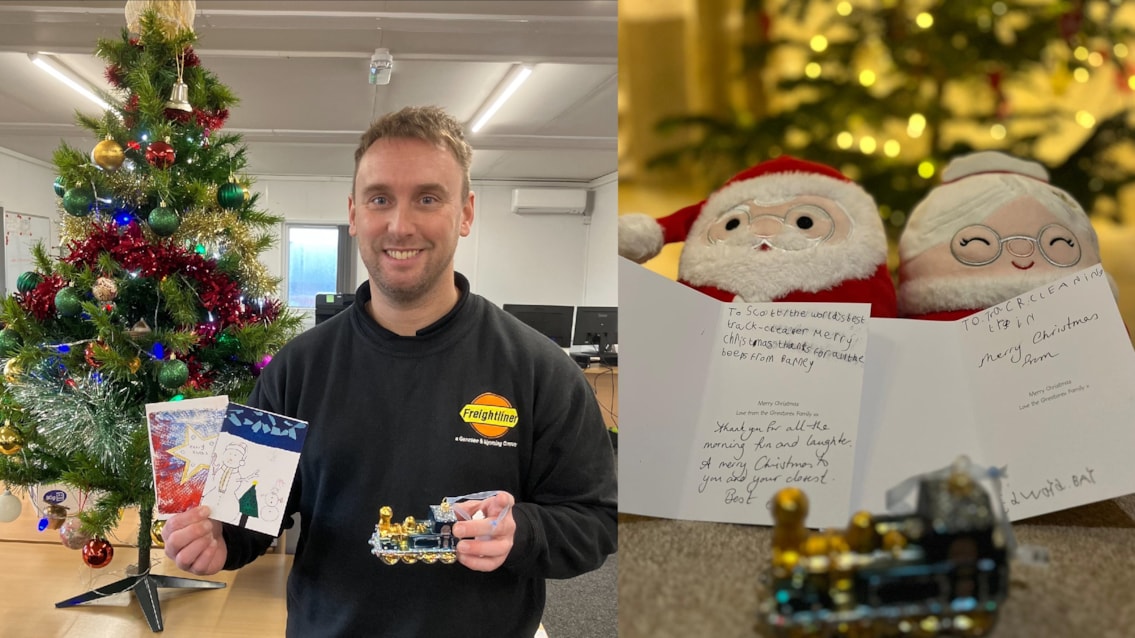 Composite image of Scott and the cards sent by Barney and Edward