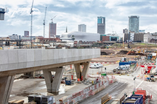 First completed section of Curzon 3 viaduct - Birmingham city centre in background