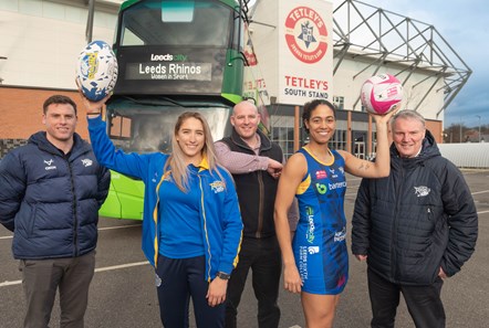 Caitlin Beevers (left) and Rhea Dixon with Dan Busfield, Franchise Director of Rhinos Netball, Ross Johnstone of First Bus and Gary Hetherington, CEO of Leeds Rhinos 4