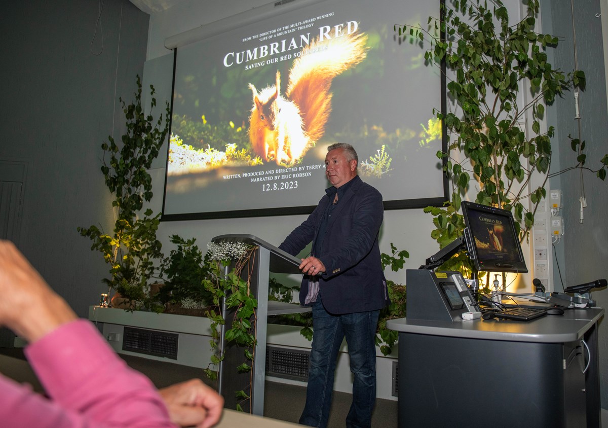 University of Cumbria Professor of Practice and award-winning filmmaker Terry Abraham, speaking at a special preview evening of his latest film Cumbrian Red: Saving our red squirrels - an evening hosted by the University of Cumbria at its Ambleside campus. The film has been written, produced and dir