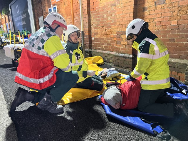 West Midlands Ambulance Service tending to a 'patient' as part of 'Royal Oak' incident exercise at Sutton Coldfield station