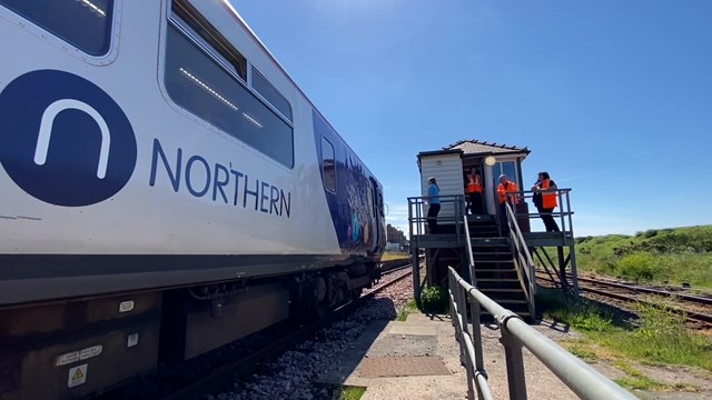 Northern train waiting at Sellafield signal box