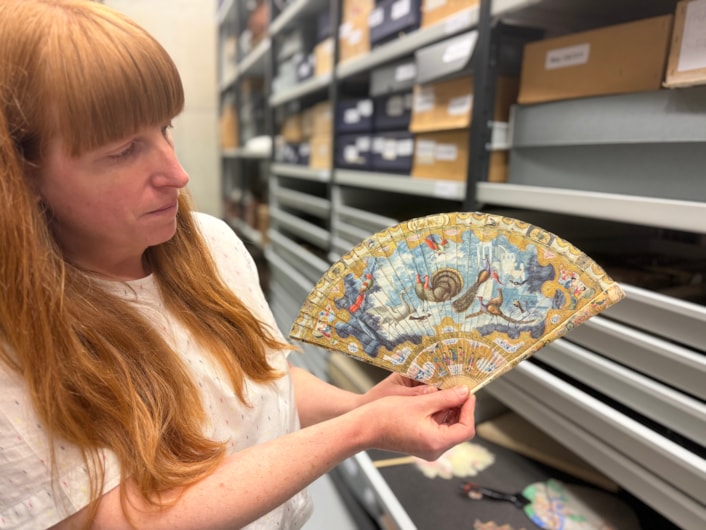 Antique fans: The magnificent fans are among more than 400 cared for at Leeds Discovery Centre, where the precious collection is being carefully catalogued and conserved by curators.
Mostly dating from the 18th and 19th centuries, many of the fans’ elaborate designs portray scenes of love taken from Greek or Roman mythology, colourful birds or Far Eastern imagery and were once a must-have accompaniment to any lady’s outfit in high society.