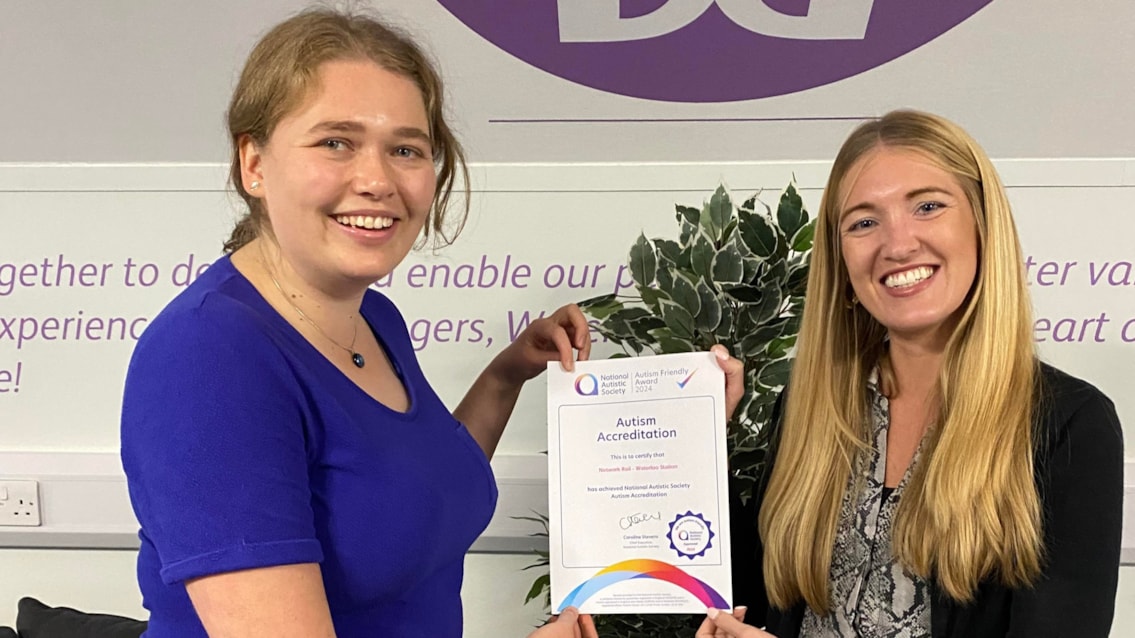 London Waterloo Station awarded Autism Friendly Award: Waterloo Station Manager Emily Haggard and Laura Kopelciw, Project Manager for Stations, with the Autism Friendly Accreditation certificate