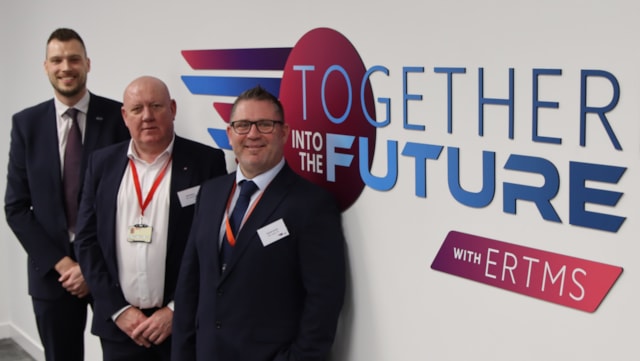 Training centre opened ahead of new in-cab signalling system being introduced:  Ed Akers, industry partnerships director at the East Coast Digital Programme; Neil Ethell, chief operating officer at DB Cargo UK and Darren Jones, ERTMS project lead at DB Cargo UK