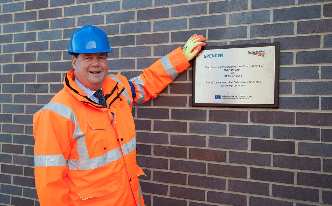 Rail minister visits new £59m Ipswich rail link: Transport minister Stephen Hammond was in Ipswich on Friday 21 March to see the newly completed 1.2km stretch of railway built by Network Rail to increase capacity for freight trains and ease a major bottleneck affecting passenger services on the Great Eastern Main Line.
Photo - Stephen Hammond MP at plaque
