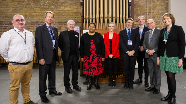 Victorian church organ rehomed in the heart of London Bridge station: Group photo at London Bridge station Victorian organ