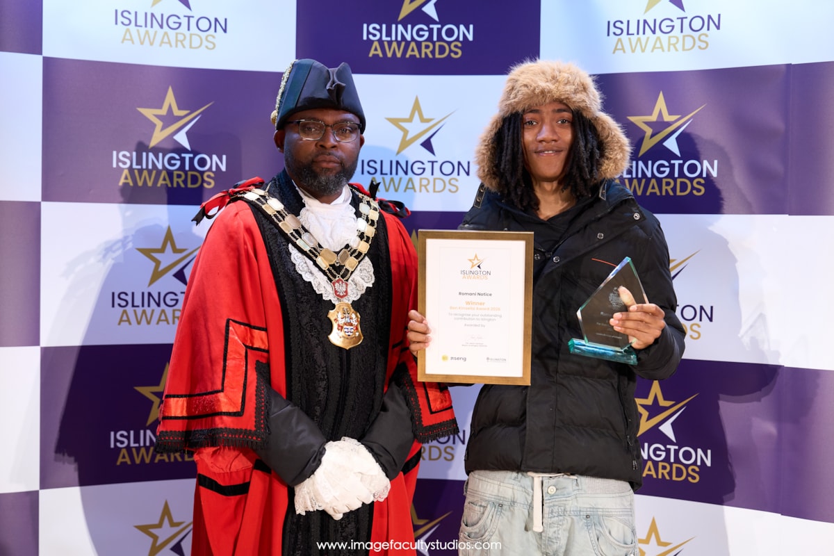 Ben Kinsella Award winner Romani Notice, alongside Mayor of Islington, Cllr Jason Jackson