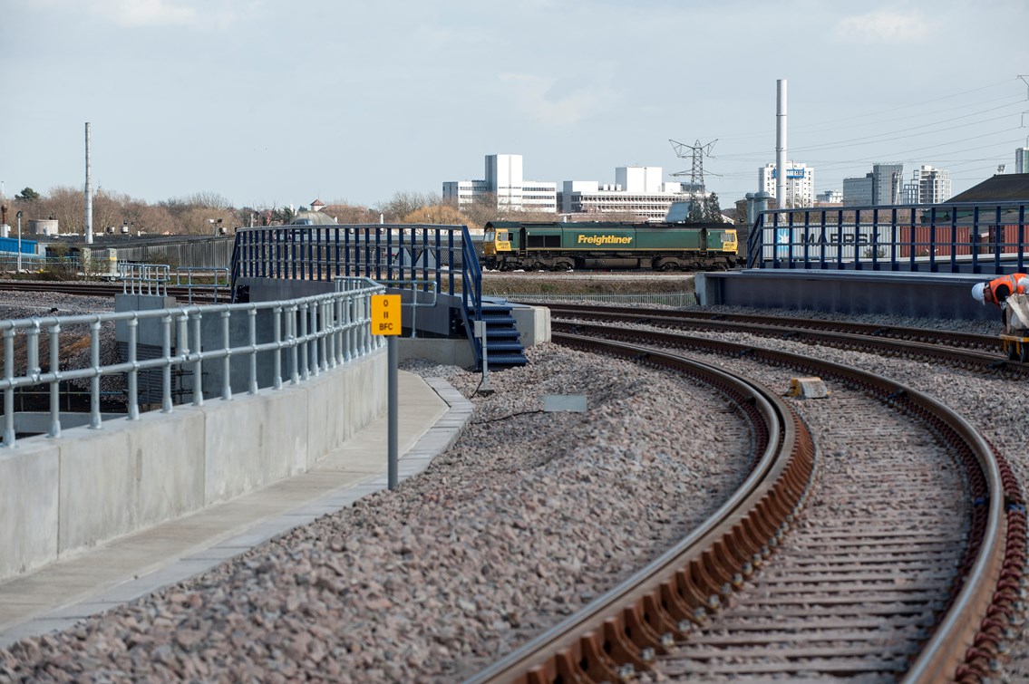 Rail minister visits new £59m Ipswich rail link: Transport minister Stephen Hammond was in Ipswich on Friday 21 March to see the newly completed 1.2km stretch of railway built by Network Rail to increase capacity for freight trains and ease a major bottleneck affecting passenger services on the Great Eastern Main Line.
Photo - completed Chord