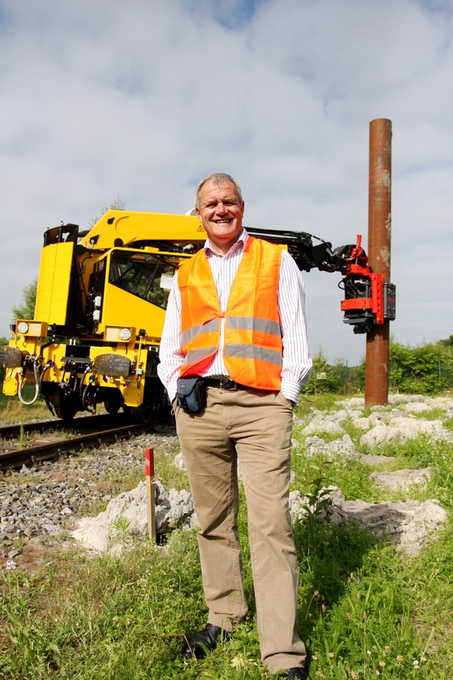 Regional Director Robbie Burns with the piling rig on the HOPS: Regional Director Robbie Burns with the piling rig on the HOPS (High Output Plant System)