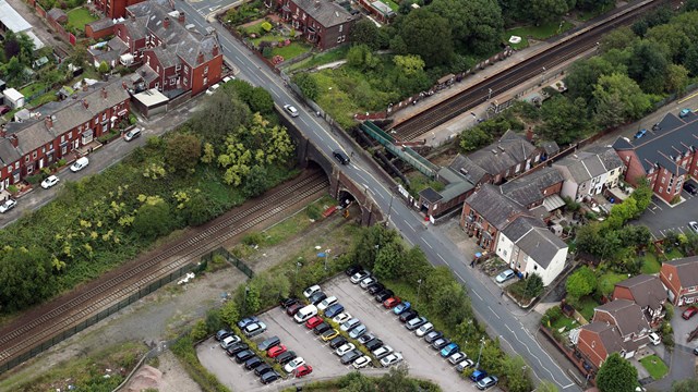 Hindley station next up for Wigan to Bolton electrification project: Ladies Lane Bridge Aerial - Credit Network Rail Air Operations