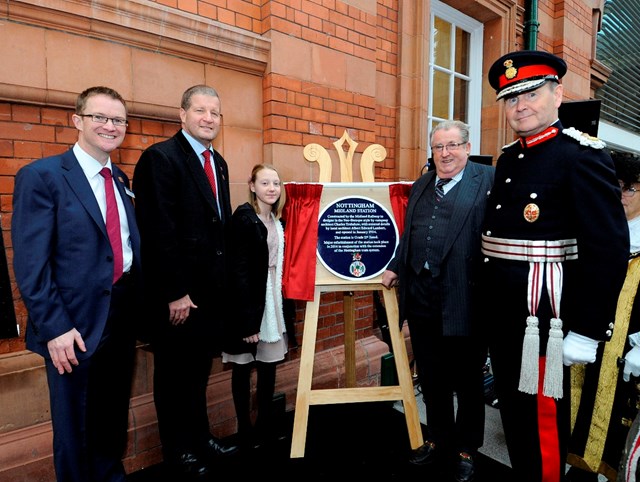 The plaque at Nottingham station is unveiled: (L-R): David Horne, managing director of East Midlands Trains; Phil Verster, route managing director for Network Rail; Elly Blacknell; The Honourable Sir William McAlpine, chairman of the Railway Heritage Trust and the Lord Lieutenant of Nottinghamshire, Sir John Peace, unveil the hertiage plaque at Nottingham station.