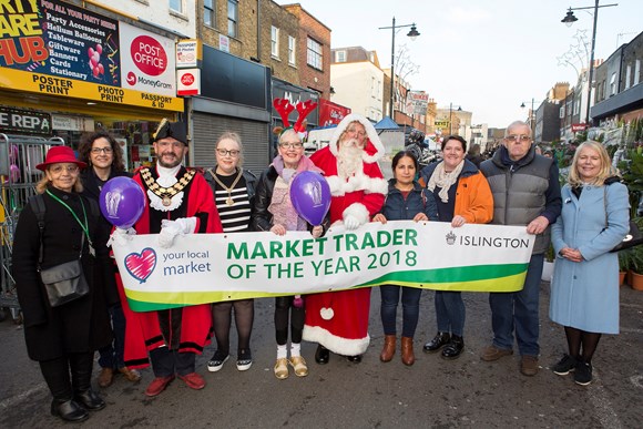 Market Trader of the Year 2018 - Cllr Mouna Hamitouche; Cllr Asima Shaikh; the Mayor of Islington; Helen Spall, mayoral consort; Su Pollard; Father Christmas; Serpil Erce, Jo Coote, Dave Brastock and Christine Lovett