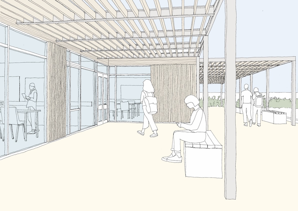 Proposed new cladding and shading canopy alongside the classrooms - illustration created by Gollifer Langston Architects as part of the feasibility study for the Baden Powell site