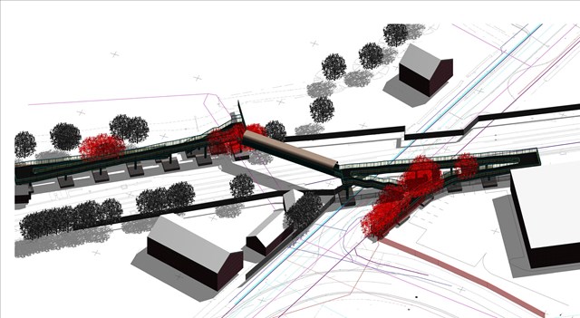 New footbridge to be built in Fishbourne: Artist's impression of the new footbridge at Fishbourne level crossing. (The red trees are ones which will be removed for the bridge be built)