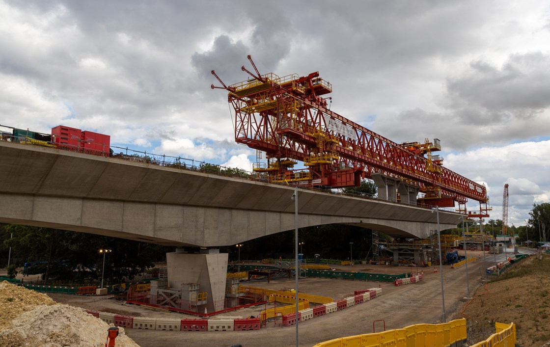 Launching Girder moving segments to lay between P56 and P55 at Colne Valley Viaduct Site