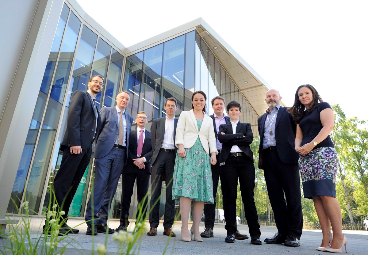 (L-R) Antonio Liga (Natantis), Andrew Henderson, Grant Sellar (Natantis), Ian Murray (SE), Kate Forbes MSP, David Richardson (HWU), Maiwenn Kersaudy-Kerhoas, Chris Wardhaugh (Natantis) & Dr Gillian Murray (HWU)