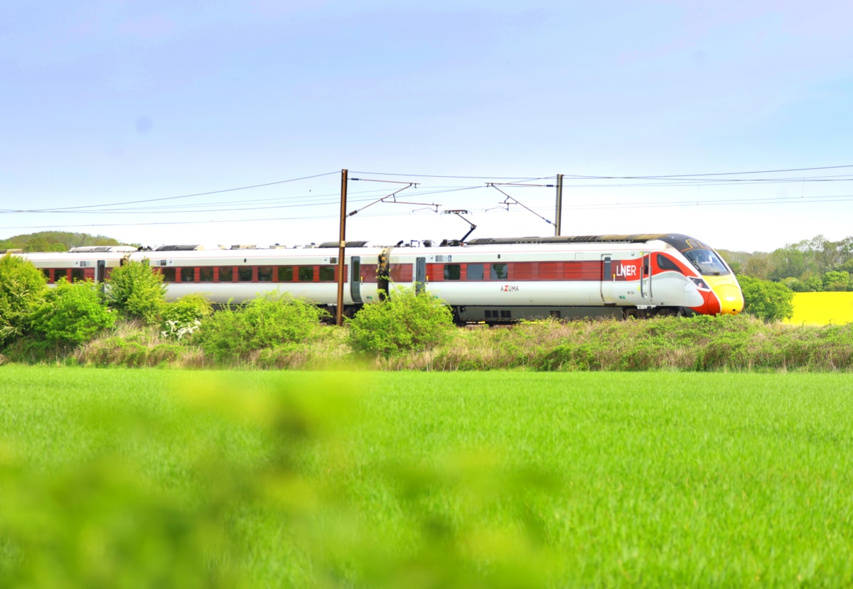 An LNER Azuma passes along the East Coast Main Line, LNER