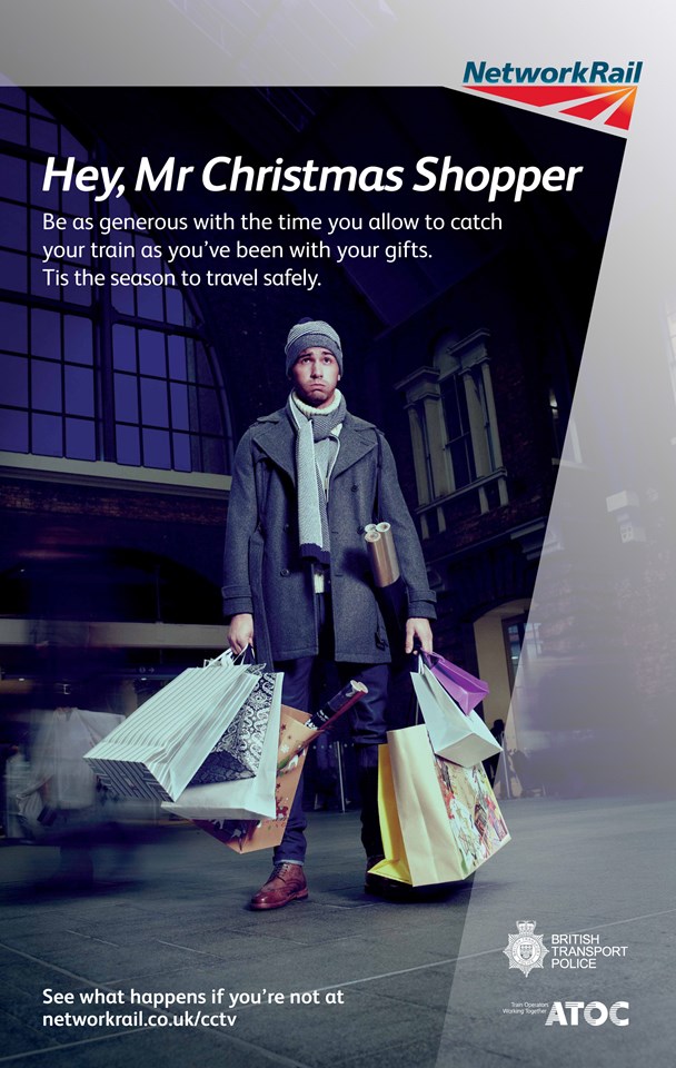 Passengers in the east of England urged to take care when travelling this Christmas: Mr Christmas shopper - Station safety poster