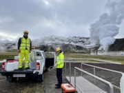Dr Chris Holdsworth and Prof Stuart Gilfillan collecting samples at one of the Carbfix sites at Nesjavellir geothermal power plant in Iceland: Dr Chris Holdsworth and Prof Stuart Gilfillan collecting samples at one of the Carbfix sites at Nesjavellir geothermal power plant in Iceland