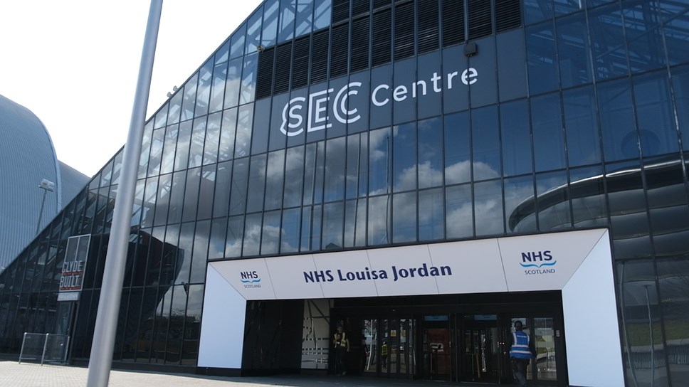Exterior shot of the NHS Louisa Jordan hospital at the SEC Centre in Glasgow