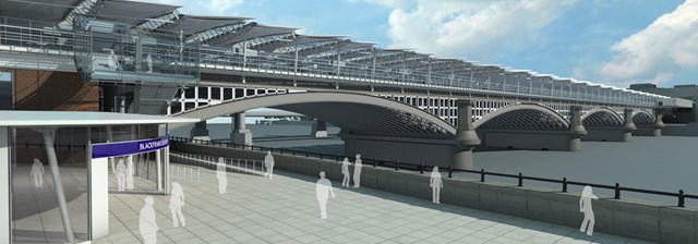 Blackfriars Bridge and South Bank entrance: The new station entrance on the south side of the Thames, connecting London's cultural centre at the South Bank to the national rail network (part of the Thameslink Programme)