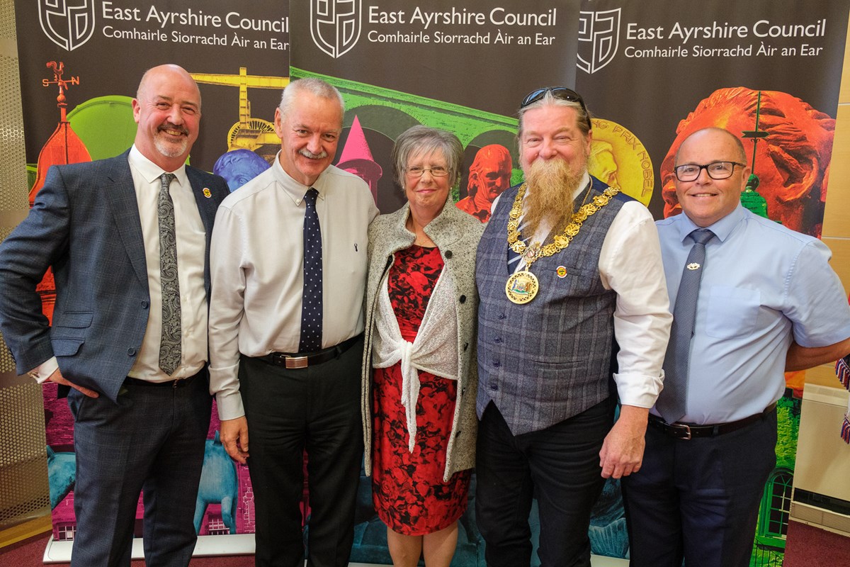 Wilma Rush from New Cumnock with Provost Todd, Chief Executive Eddie Fraser, Gordon Scott and Mark Hunter from Facilities and Property Management