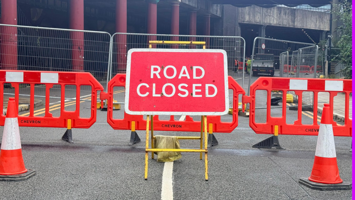 Road closure sign Sheffield Street Manchester piccadilly long stay car park