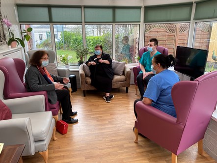 Deputy Minister Julie Morgan meeting care workers at Fields Care Homes in Newport