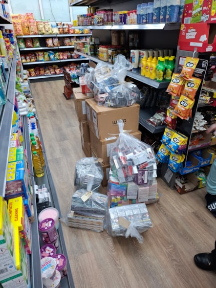 The scene inside the European Mini Market on Manchester Road, Haslingden, which a court has now ordered to close until mid January 2026 for having illegal vapes and tobacco and selling a vape to a child