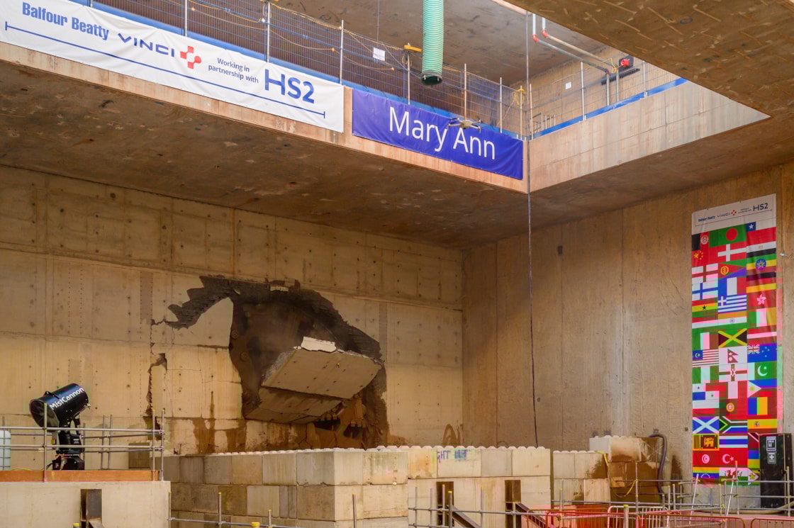Headwall breaks as HS2 Tunnel Boring Machine Mary Ann completes first tunnel breakthrough in Birmingham: Location: Washwood Heath - Bromford West Portal. Birmingham