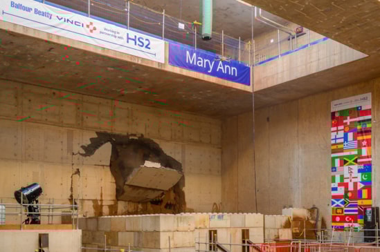 Headwall breaks as HS2 Tunnel Boring Machine Mary Ann completes first tunnel breakthrough in Birmingham: Location: Washwood Heath - Bromford West Portal. Birmingham